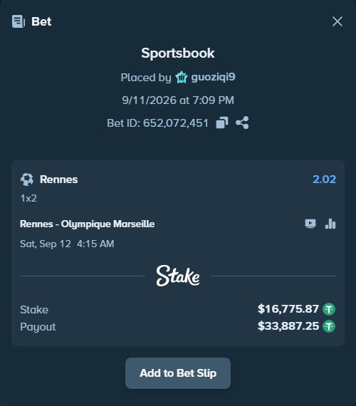 Bet slip: Rennes - Olympique Marseille, $16,772.51 stake at 2.02 odds, placed by guoziqi9