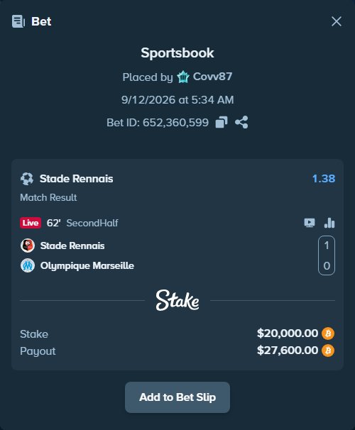 Bet slip: Rennes - Olympique Marseille, $20,001.16 stake at 1.38 odds, placed by Covv87