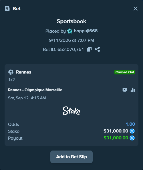 Bet slip: Rennes - Olympique Marseille, $31,000.00 stake at 2.02 odds, placed by bappuji668