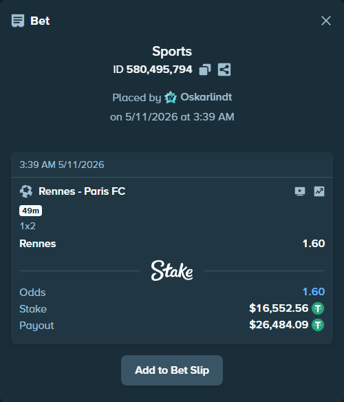 Bet slip: Rennes - Paris FC, $16,552.56 stake at 1.60 odds, placed by Oskarlindt