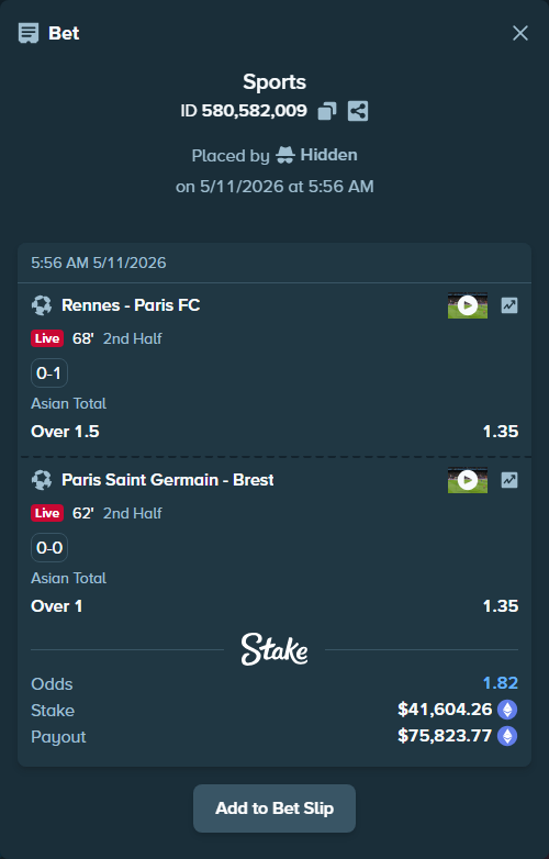Bet slip: Rennes - Paris FC, $30,439.62 stake at 1.35 odds, placed by Hidden