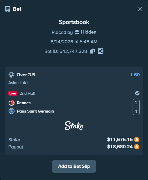 Bet slip: Rennes - Paris Saint Germain, $11,792.77 stake at 1.60 odds, placed by Hidden