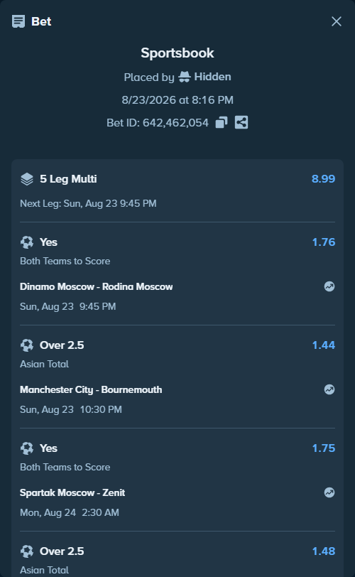 Bet slip: Rennes - Paris Saint Germain, $12,000.00 stake at 1.48 odds, placed by Hidden