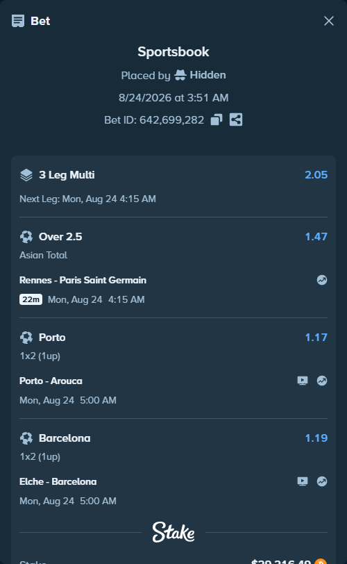 Bet slip: Rennes - Paris Saint Germain, $29,285.98 stake at 1.47 odds, placed by Hidden