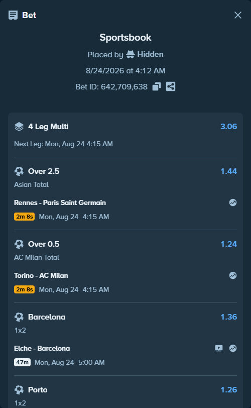 Bet slip: Rennes - Paris Saint Germain, $33,770.00 stake at 1.44 odds, placed by Hidden