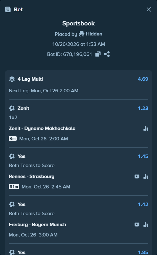 Bet slip: Rennes - Strasbourg, $53,959.00 stake at 1.45 odds, placed by Hidden