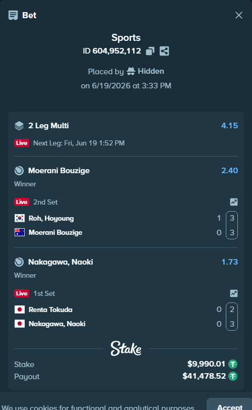 Bet slip: Renta Tokuda - Nakagawa, Naoki, $10,000.00 stake at 1.73 odds, placed by Hidden