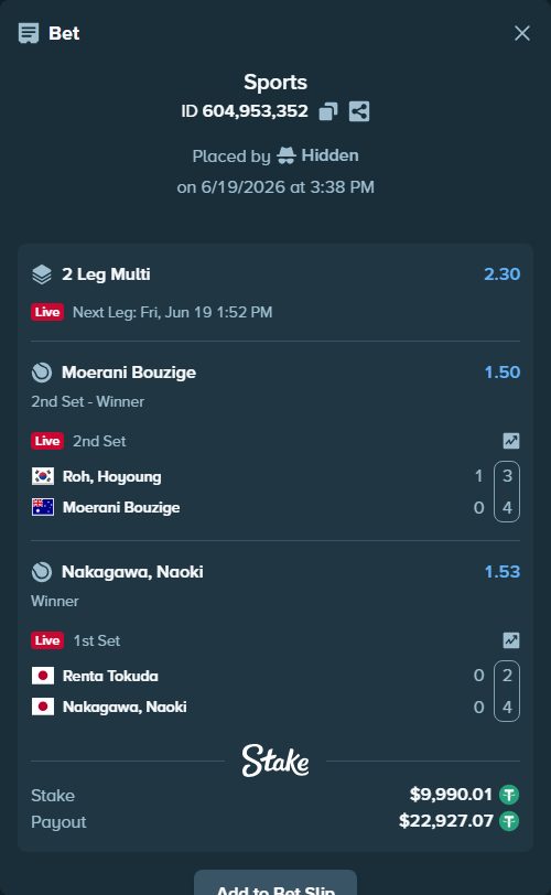 Bet slip: Renta Tokuda - Nakagawa, Naoki, $10,000.00 stake at 1.53 odds, placed by Hidden