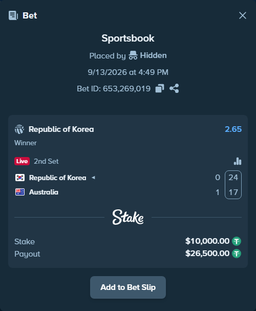 Bet slip: Republic of Korea - Australia, $10,000.00 stake at 2.65 odds, placed by Hidden