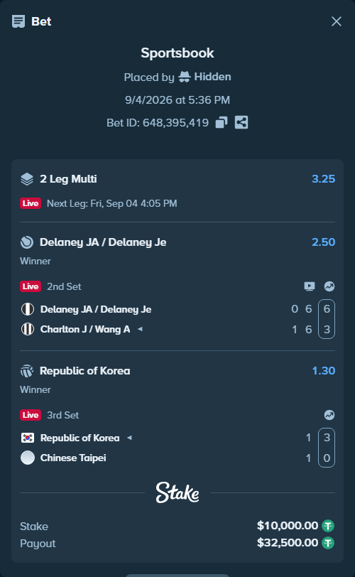 Bet slip: Republic of Korea - Chinese Taipei, $10,000.00 stake at 1.30 odds, placed by Hidden