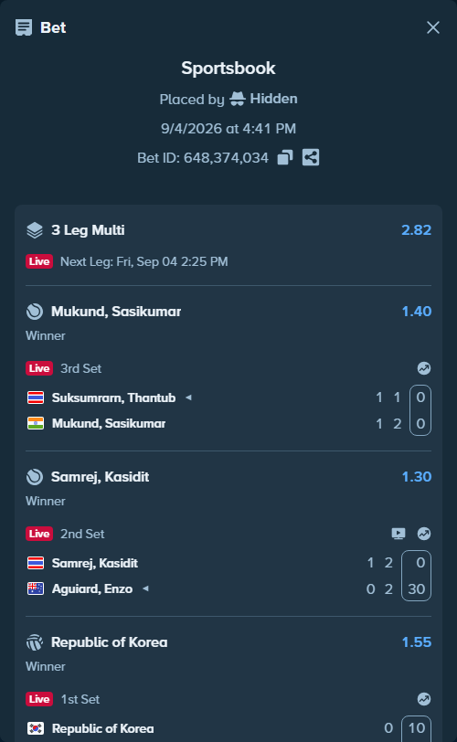 Bet slip: Republic of Korea - Chinese Taipei, $10,444.00 stake at 1.55 odds, placed by Hidden