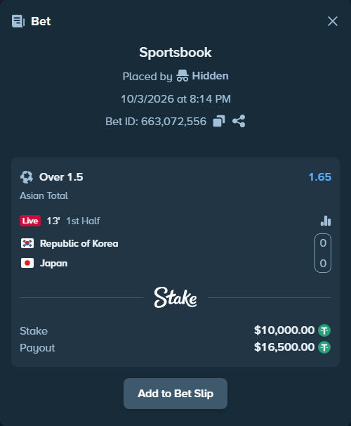 Bet slip: Republic of Korea - Japan, $10,000.00 stake at 1.65 odds, placed by tlwns4736
