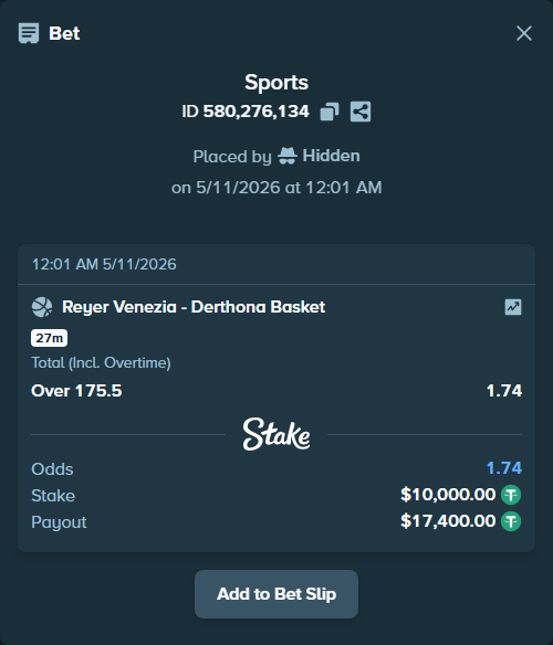 Bet slip: Reyer Venezia - Derthona Basket, $10,000.00 stake at 1.74 odds, placed by Hidden