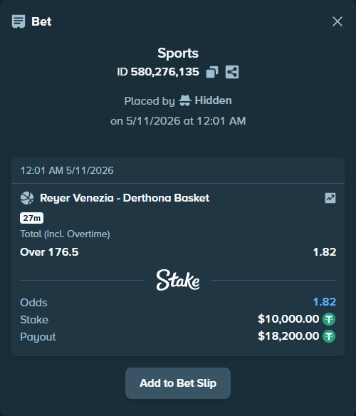 Bet slip: Reyer Venezia - Derthona Basket, $10,000.00 stake at 1.82 odds, placed by Hidden