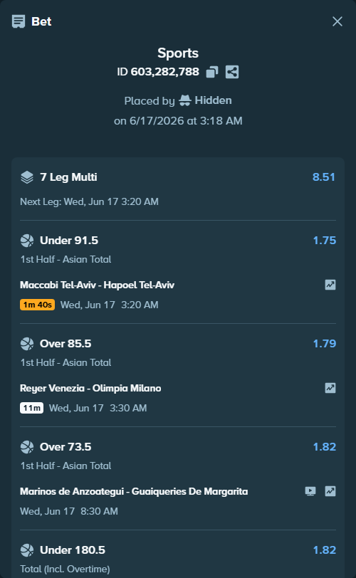 Bet slip: Reyer Venezia - Olimpia Milano, $11,745.60 stake at 1.79 odds, placed by Hidden