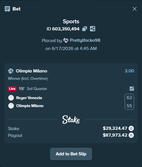 Bet slip: Reyer Venezia - Olimpia Milano, $28,933.72 stake at 3.00 odds, placed by Prettylfacko98