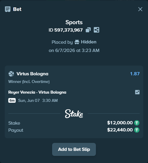 Bet slip: Reyer Venezia - Virtus Bologna, $12,000.00 stake at 1.87 odds, placed by Hidden