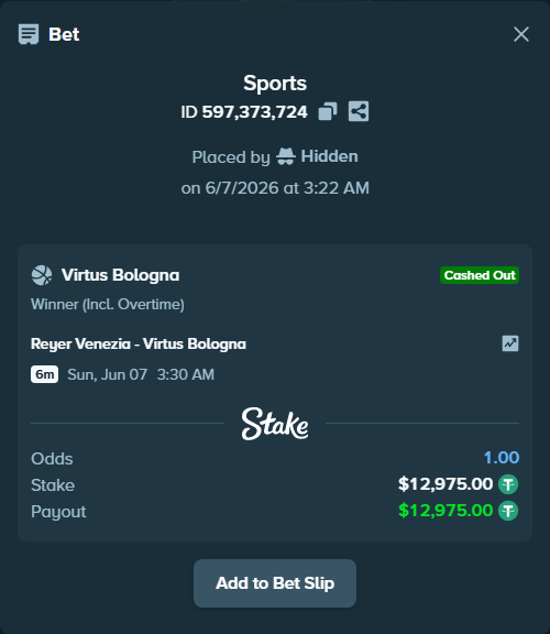 Bet slip: Reyer Venezia - Virtus Bologna, $12,975.00 stake at 1.87 odds, placed by Hidden