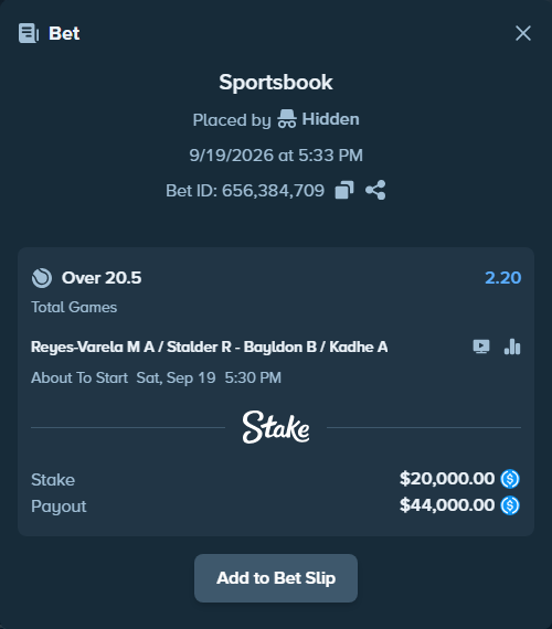 Bet slip: Reyes-Varela M A / Stalder R - Bayldon B / Kadhe A, $20,000.00 stake at 2.20 odds, placed by Hidden