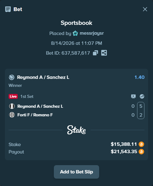 Bet slip: Reymond A / Sanchez L - Forti F / Romano F, $15,366.28 stake at 1.40 odds, placed by messrjaysr