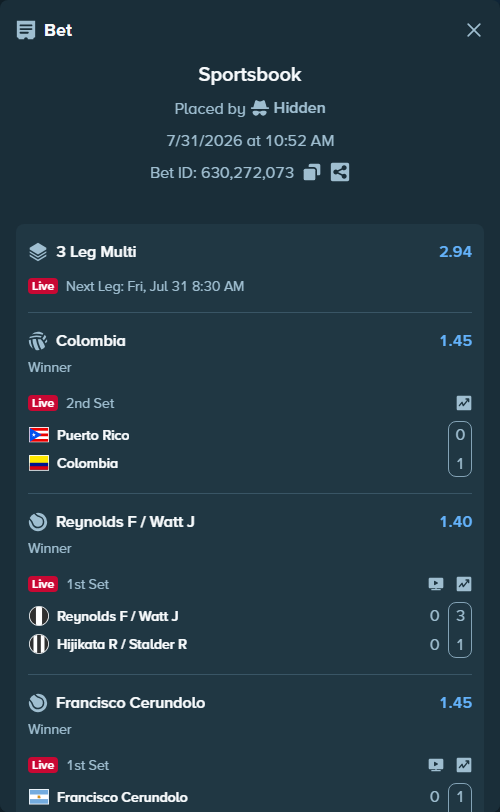 Bet slip: Reynolds F / Watt J - Hijikata R / Stalder R, $17,000.00 stake at 1.40 odds, placed by Hidden
