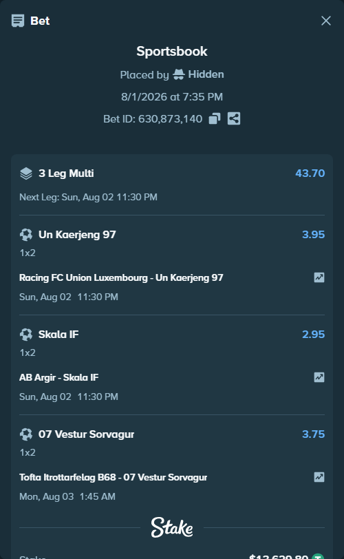 Bet slip: RFC Union Luxembourg - UN Kaerjeng 97, $13,643.43 stake at 3.95 odds, placed by Hidden