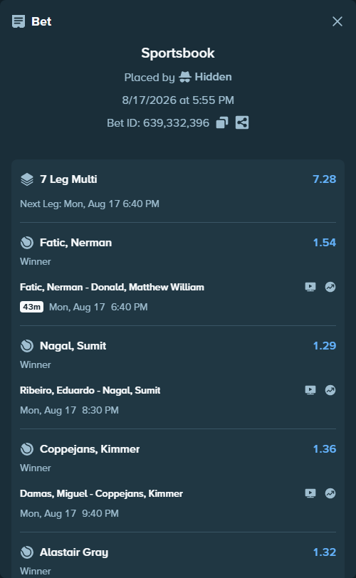 Bet slip: Ribeiro, Eduardo - Nagal, Sumit, $26,250.00 stake at 1.29 odds, placed by Hidden