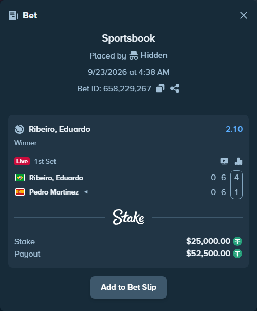 Bet slip: Ribeiro, Eduardo - Pedro Martinez, $25,000.00 stake at 2.10 odds, placed by Hidden