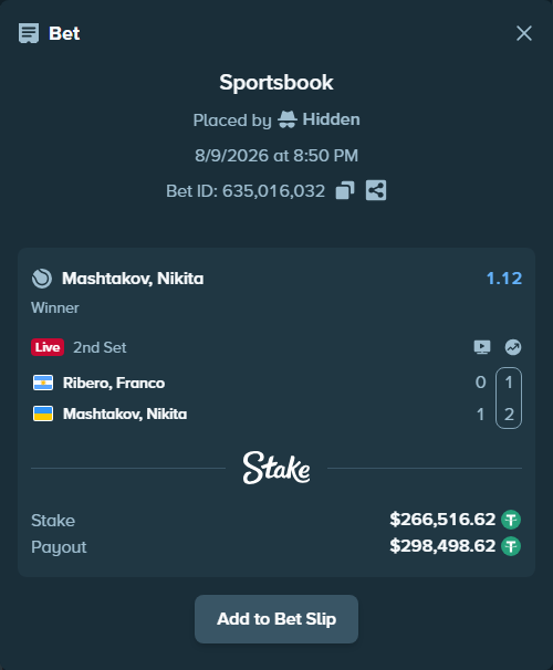 Bet slip: Ribero, Franco - Mashtakov, Nikita, $266,783.14 stake at 1.12 odds, placed by Hidden