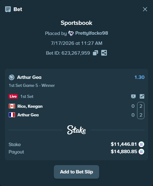 Bet slip: Rice, Keegan - Arthur Gea, $11,055.15 stake at 1.30 odds, placed by Prettylfacko98