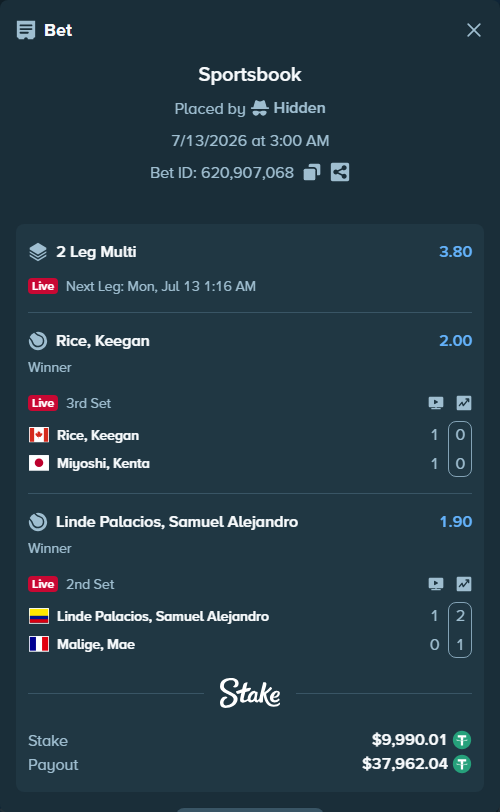 Bet slip: Rice, Keegan - Miyoshi, Kenta (2004), $10,000.00 stake at 2.00 odds, placed by Hidden