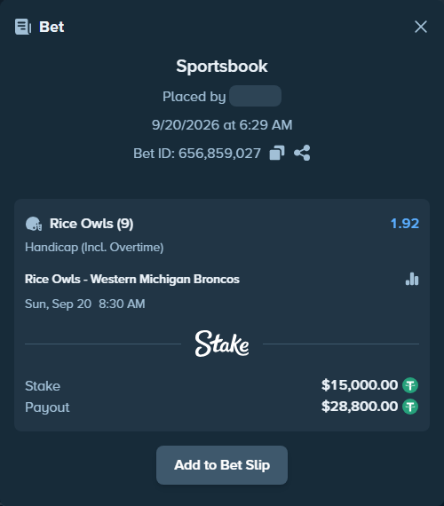 Bet slip: Rice Owls - Western Michigan Broncos, $15,000.00 stake at 1.92 odds, placed by dvento