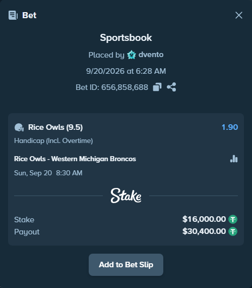 Bet slip: Rice Owls - Western Michigan Broncos, $16,000.00 stake at 1.90 odds, placed by dvento