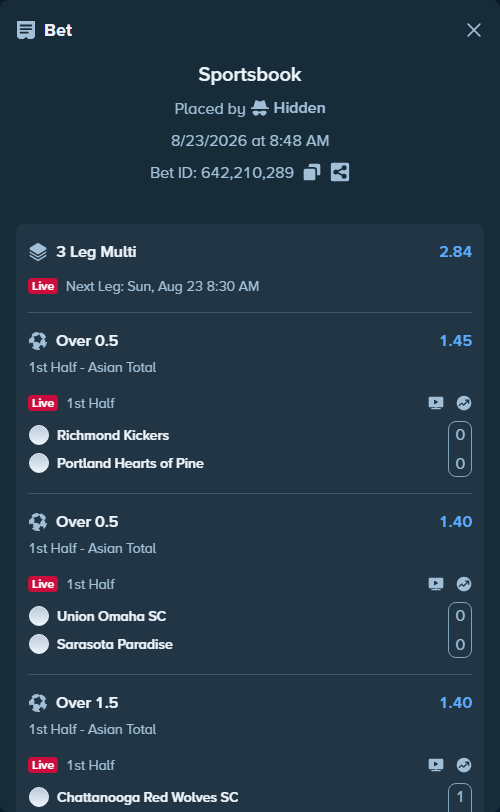 Bet slip: Richmond Kickers - Portland Hearts of Pine, $16,686.46 stake at 1.45 odds, placed by Hidden