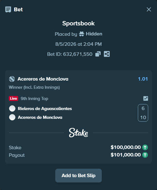 Bet slip: Rieleros de Aguascalientes - Acereros de Monclova, $100,100.00 stake at 1.01 odds, placed by Hidden