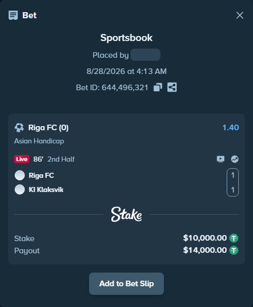 Bet slip: Riga FC - KI Klaksvik, $10,000.00 stake at 1.40 odds, placed by kairolink
