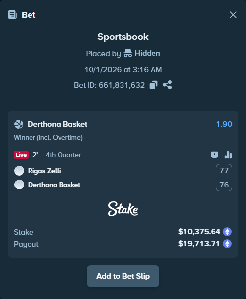 Bet slip: Rigas Zelli - Derthona Basket, $10,338.73 stake at 1.90 odds, placed by Hidden