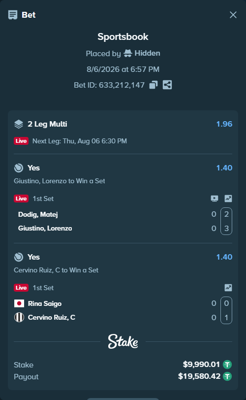 Bet slip: Rina Saigo - Cervino Ruiz, C, $10,000.00 stake at 1.40 odds, placed by Hidden
