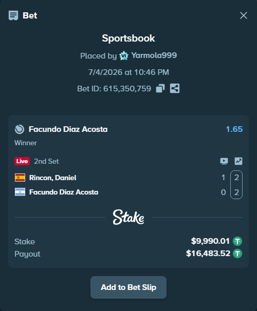 Bet slip: Rincon, Daniel - Facundo Diaz Acosta, $10,000.00 stake at 1.65 odds, placed by Yarmola999