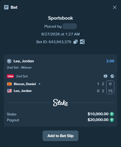 Bet slip: Rincon, Daniel - Lee, Jordan, $10,000.00 stake at 2.00 odds, placed by WinTr10