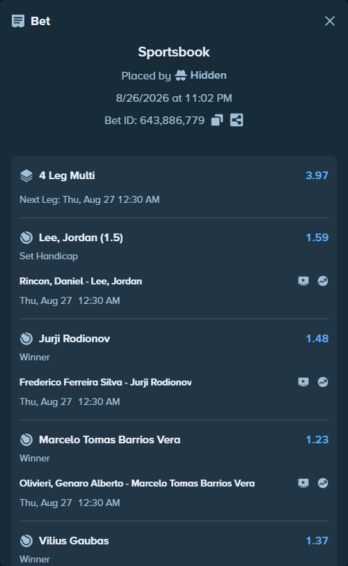 Bet slip: Rincon, Daniel - Lee, Jordan, $31,946.00 stake at 1.59 odds, placed by Hidden
