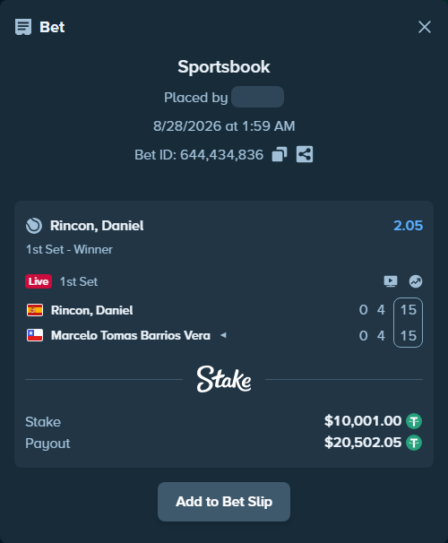 Bet slip: Rincon, Daniel - Marcelo Tomas Barrios Vera, $10,000.00 stake at 2.05 odds, placed by WinTr10