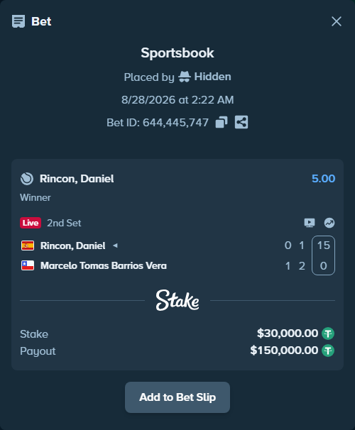 Bet slip: Rincon, Daniel - Marcelo Tomas Barrios Vera, $30,000.00 stake at 5.00 odds, placed by Hidden