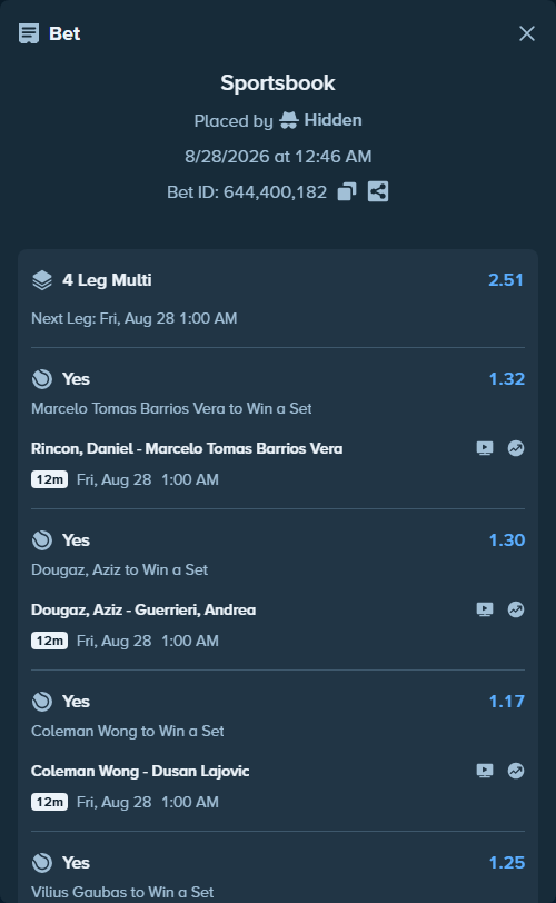 Bet slip: Rincon, Daniel - Marcelo Tomas Barrios Vera, $62,850.00 stake at 1.32 odds, placed by Hidden