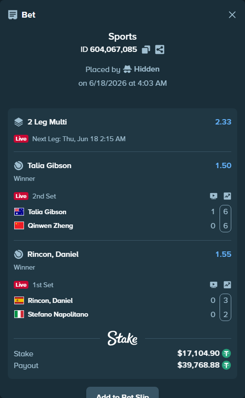 Bet slip: Rincon, Daniel - Stefano Napolitano, $17,122.00 stake at 1.55 odds, placed by Hidden