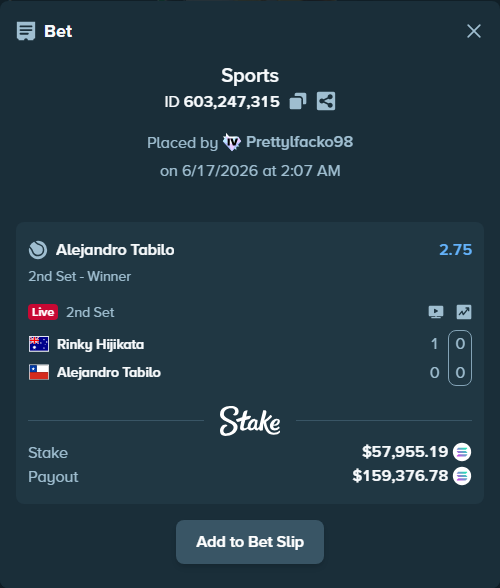 Bet slip: Rinky Hijikata - Alejandro Tabilo, $57,475.09 stake at 2.75 odds, placed by Prettylfacko98