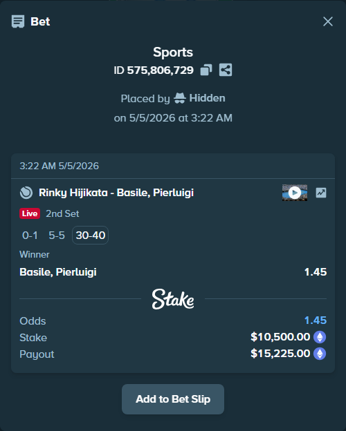 Bet slip: Rinky Hijikata - Basile, Pierluigi, $7,701.51 stake at 1.45 odds, placed by Hidden