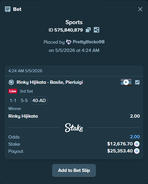 Bet slip: Rinky Hijikata - Basile, Pierluigi, $10,988.17 stake at 2.00 odds, placed by Prettylfacko98