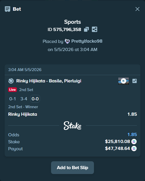 Bet slip: Rinky Hijikata - Basile, Pierluigi, $22,334.24 stake at 1.85 odds, placed by Prettylfacko98