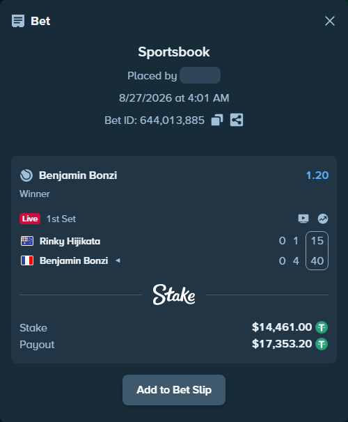 Bet slip: Rinky Hijikata - Benjamin Bonzi, $14,461.00 stake at 1.20 odds, placed by antoniku